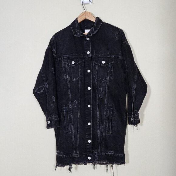 Zara Trafaluc Denim Oversize Jacket Women S Black  Distressed Button Grunge Goth - Picture 1 of 16